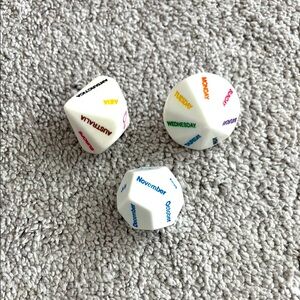 Colorful 3 Dice Set day, month, continent